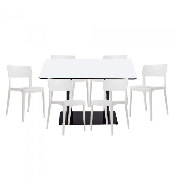 Set mobilier dining/bucatarie RAKI, masa dreptunghiulara cu blat MDF melaminat 120x80x75cm, 6 scaune Pano 47,1x45,3xH81,9cm albe