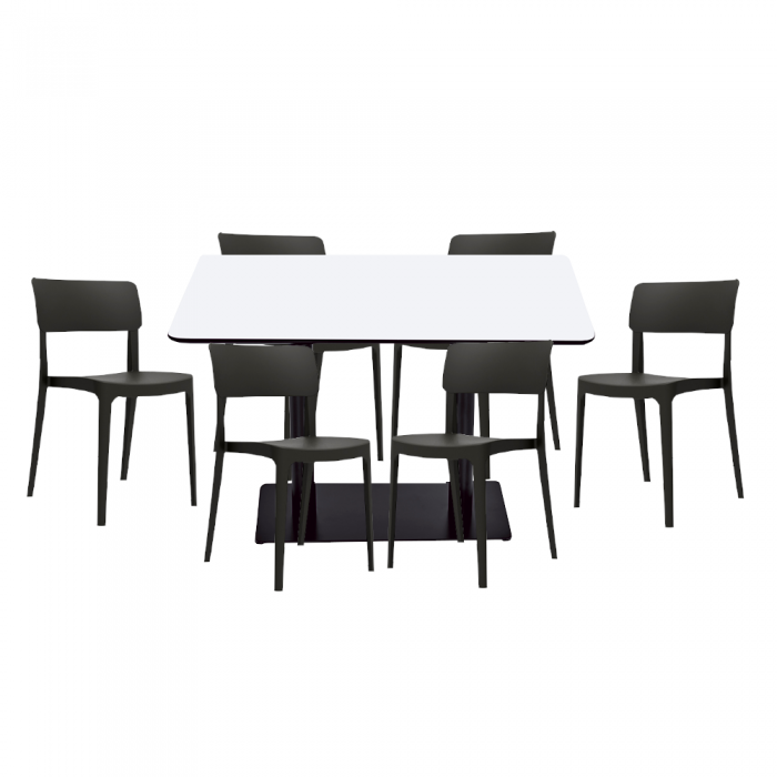 Set mobilier dining/bucatarie RAKI, masa dreptunghiulara cu blat MDF melaminat 120x80x75cm, 6 scaune Pano 47,1x45,3xH81,9cm negre