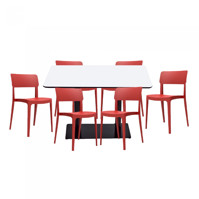 Set mobilier dining/bucatarie RAKI, masa dreptunghiulara cu blat MDF melaminat 120x80x75cm, 6 scaune Pano 47,1x45,3xH81,9cm rosii