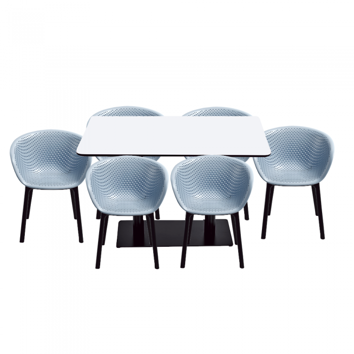 Set mobilier dining/bucatarie RAKI, masa dreptunghiulara cu blat MDF melaminat 120x80x75cm, 6 scaune tip fotoliu HAVANA 61x64xh74cm albastre