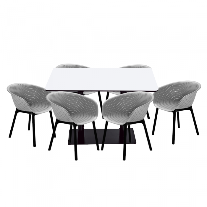 Set mobilier dining/bucatarie RAKI, masa dreptunghiulara cu blat MDF melaminat 120x80x75cm, 6 scaune tip fotoliu HAVANA 61x64xh74cm gri