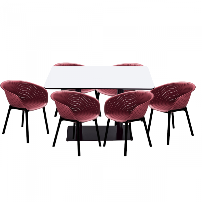 Set mobilier dining/bucatarie RAKI, masa dreptunghiulara cu blat MDF melaminat 120x80x75cm, 6 scaune tip fotoliu HAVANA 61x64xh74cm bordo