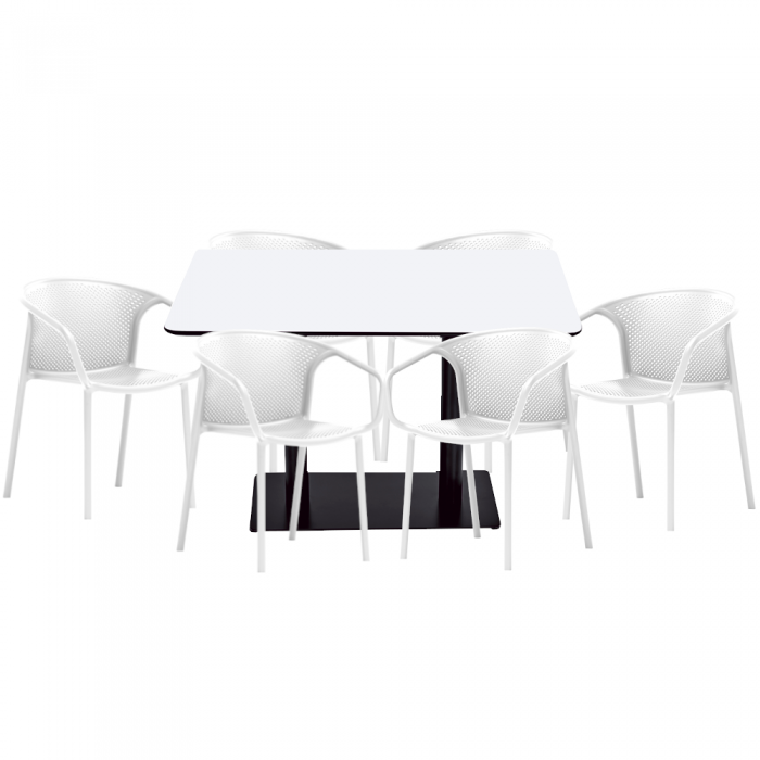 Set mobilier dining/bucatarie RAKI, masa dreptunghiulara cu blat MDF melaminat 120x80x75cm, 6 scaune cu spatar rotunjit CHICAGO 57x57xh77cm albe
