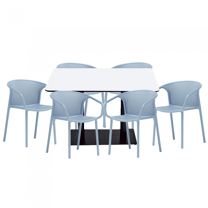 Set mobilier dining/bucatarie RAKI, masa dreptunghiulara cu blat MDF melaminat 120x80x75cm, 6 scaune cu spatar rotunjit CHICAGO 57x57xh77cm albastre