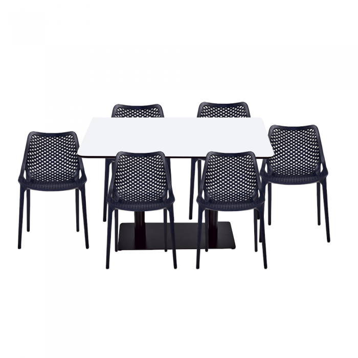 Set mobilier dining/bucatarie RAKI, masa dreptunghiulara cu blat MDF melaminat 120x80x75cm, 6 scaune LONDON AIR 61x51xh82cm negre