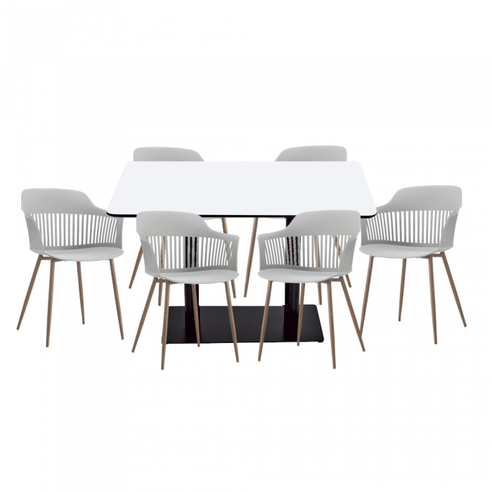 Set mobilier dining/bucatarie RAKI, masa dreptunghiulara cu blat MDF melaminat 120x80x75cm, 6 scaune Florida 53x59x81cm albe