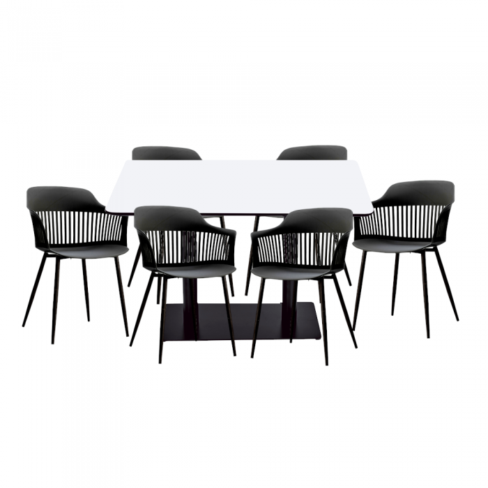 Set mobilier dining/bucatarie RAKI, masa dreptunghiulara cu blat MDF melaminat 120x80x75cm, 6 scaune Florida 53x59x81cm negre