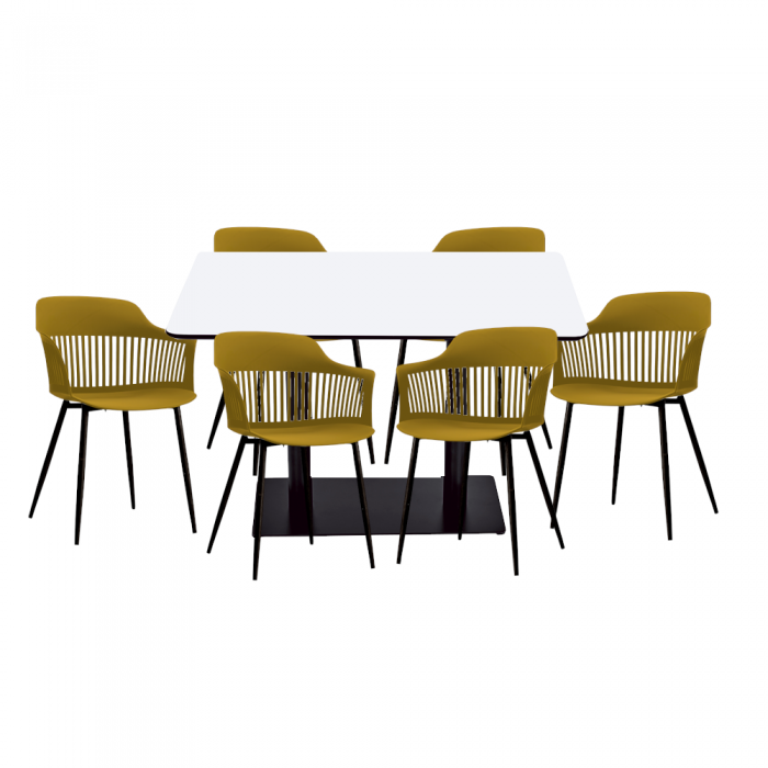 Set mobilier dining/bucatarie RAKI, masa dreptunghiulara cu blat MDF melaminat 120x80x75cm, 6 scaune Florida 53x59x81cm galben/negru