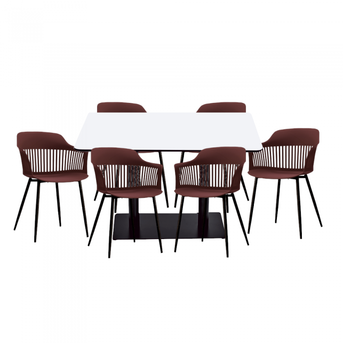 Set mobilier dining/bucatarie RAKI, masa dreptunghiulara cu blat MDF melaminat 120x80x75cm, 6 scaune Florida 53x59x81cm grena/negru
