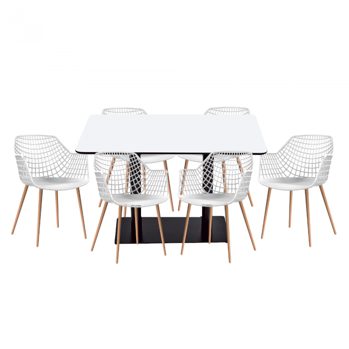 Set mobilier dining/bucatarie RAKI, masa dreptunghiulara cu blat MDF melaminat 120x80x75cm, 6 scaune picioare lemn TOYAMA 56x57xh84cm albe