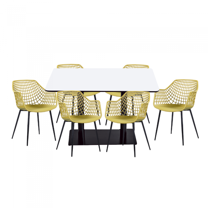 Set mobilier dining/bucatarie RAKI, masa dreptunghiulara cu blat MDF melaminat 120x80x75cm, 6 scaune TOYAMA 56x57xh84cm galben/negru