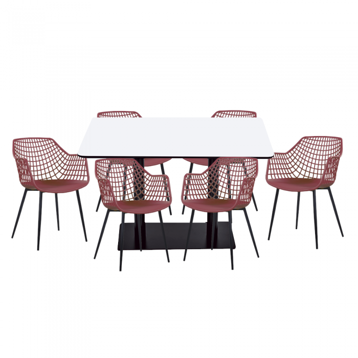 Set mobilier dining/bucatarie RAKI, masa dreptunghiulara cu blat MDF melaminat 120x80x75cm, 6 scaune TOYAMA 56x57xh84cm grena/negru