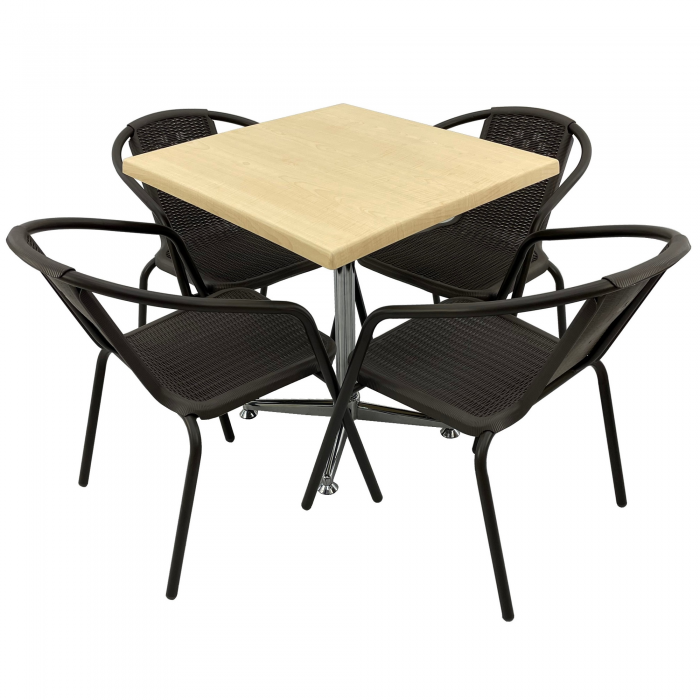 Set 4 scaune CAMPMAN maro cu masa patrata 70x70cm AGMA HORECA MAPLE cu blat werzalit si picior crom 