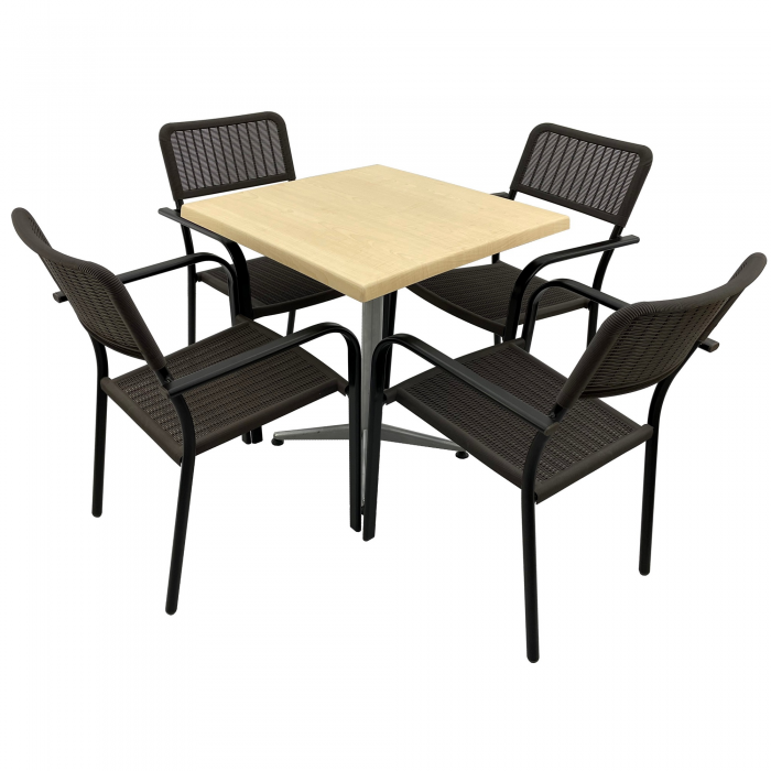 Set 4 scaune CAMPMAN cu brate, maro, masa patrata 70x70cm AGMA HORECA MAPLE cu blat werzalit si baza gri clasic