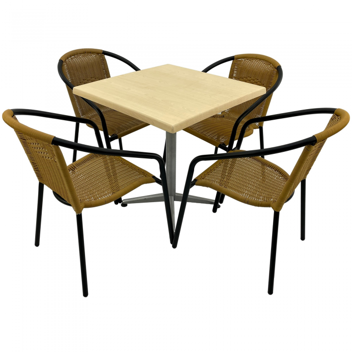 Set cafenea, masa patrata 70x70cm AGMA HORECA MAPLE cu blat werzalit si baza gri clasic, 4 scaune TORO PVC ratan