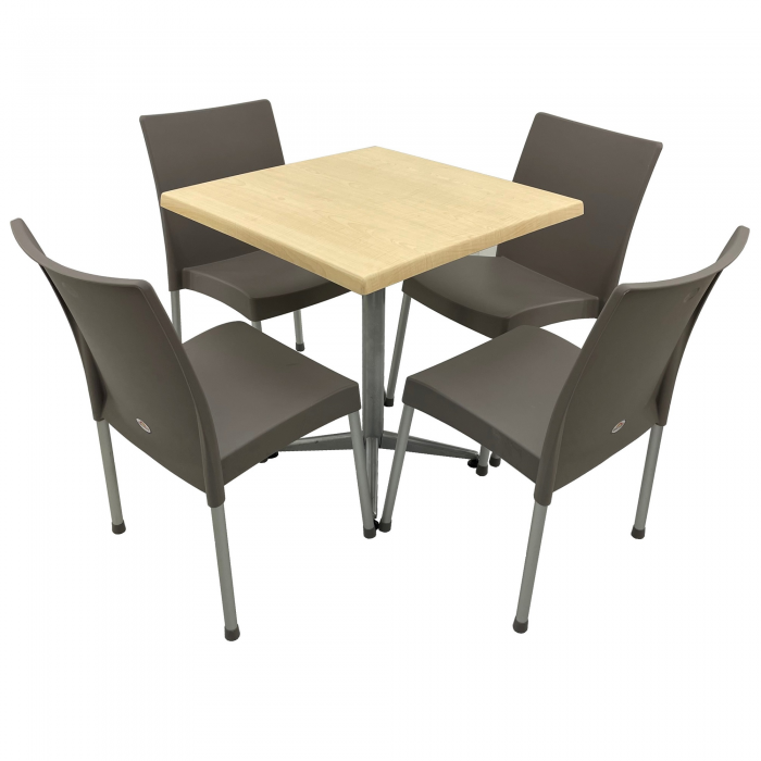 Set mobila terasa, 4 scaune ASOS gri si masa patrata 70x70cm AGMA HORECA MAPLE cu blat werzalit si baza gri clasic