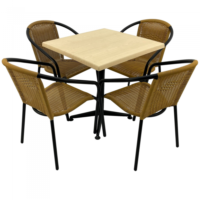 Set cafenea, masa patrata 70x70cm AGMA HORECA MAPLE cu blat werzalit si baza culoare negru clasic, 4 scaune TORO PVC ratan