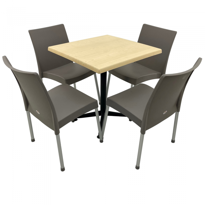Set mobila terasa, 4 scaune ASOS gri si masa patrata 70x70cm AGMA HORECA MAPLE cu blat werzalit si baza culoare negru clasic