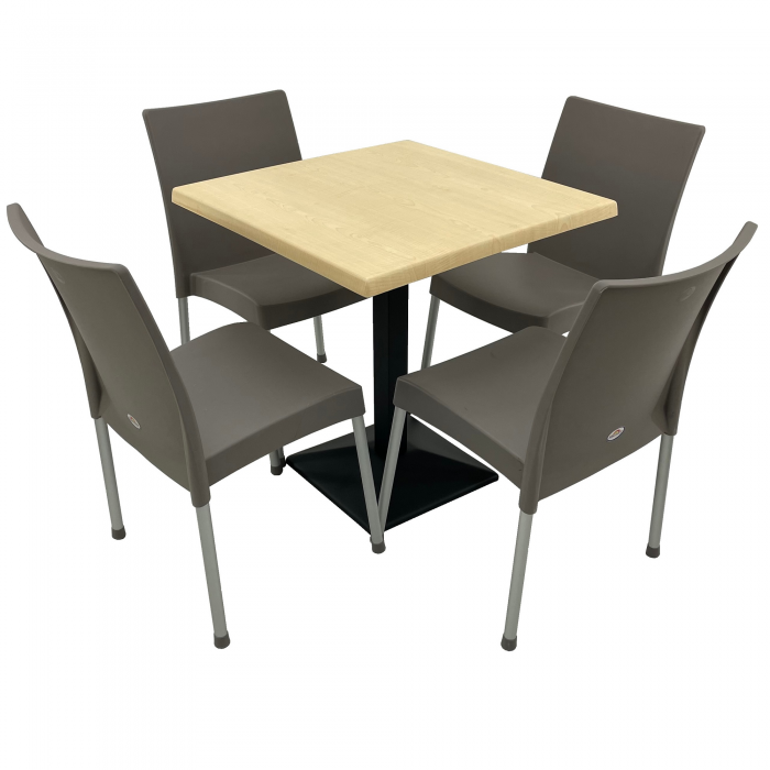 Set mobila terasa, 4 scaune ASOS gri si masa patrata 70x70cm AGMA HORECA MAPLE cu blat werzalit si baza metalica culoare neagra