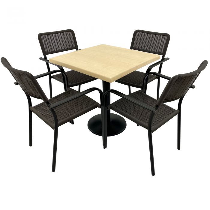 Set 4 scaune CAMPMAN cu brate, maro, masa patrata 70x70cm AGMA HORECA MAPLE cu blat werzalit si picior metalic negru