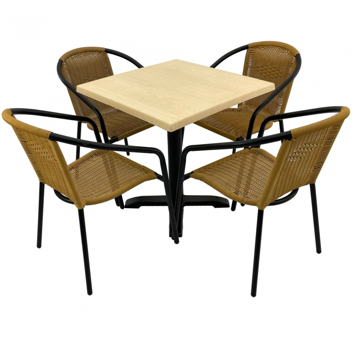 Set cafenea, masa patrata 70x70cm AGMA HORECA MAPLE cu blat werzalit si baza neagra metalica, 4 scaune TORO PVC ratan