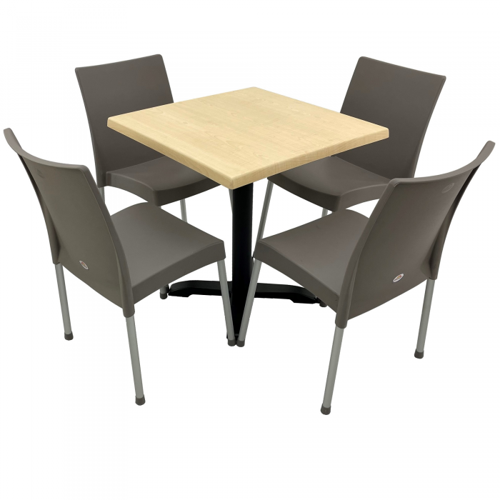 Set mobila terasa, 4 scaune ASOS gri si masa patrata 70x70cm AGMA HORECA MAPLE cu blat werzalit si baza neagra metalica