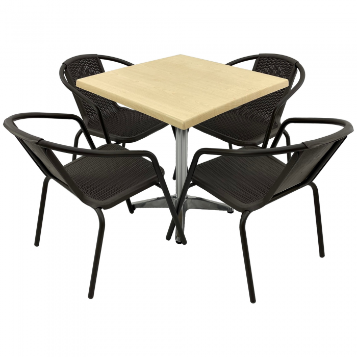 Set 4 scaune CAMPMAN maro cu masa patrata 70x70cm AGMA HORECA MAPLE cu blat werzalit si baza aluminiu