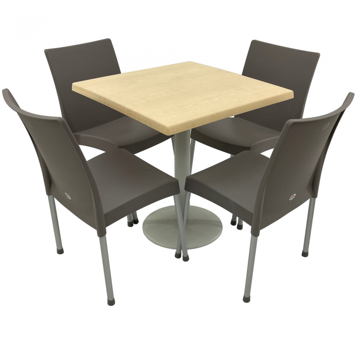 Set mobila terasa, 4 scaune ASOS gri si masa patrata 70x70cm AGMA HORECA MAPLE cu blat werzalit si baza metalica alba