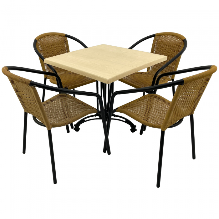 Set cafenea, masa patrata 80x80cm AGMA HORECA MAPLE cu blat werzalit si baza neagra retro, 4 scaune TORO PVC ratan