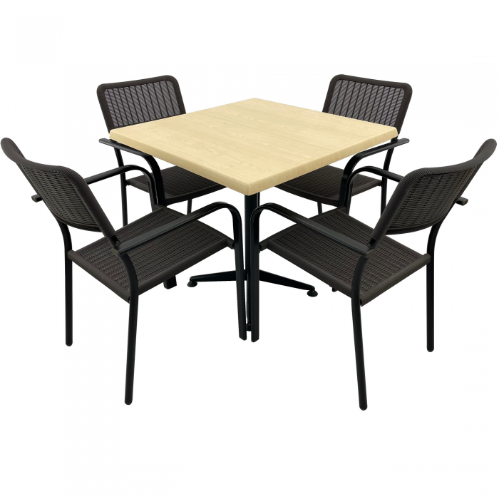 Set 4 scaune CAMPMAN cu brate, maro, masa patrata 80x80cm AGMA HORECA MAPLE cu blat werzalit si baza culoare negru clasic