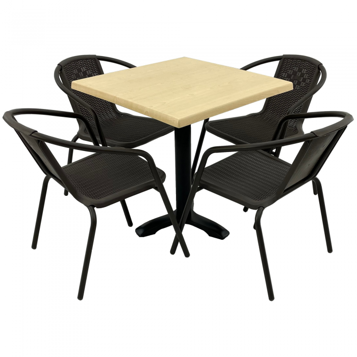 Set 4 scaune CAMPMAN maro cu masa patrata 80x80cm AGMA HORECA MAPLE cu blat werzalit si picior metalic negru