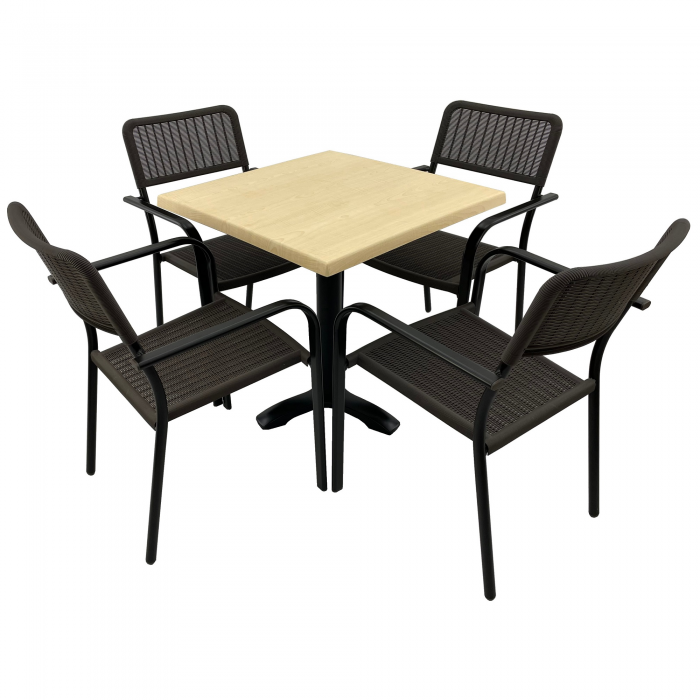 Set 4 scaune CAMPMAN cu brate, maro, masa patrata 80x80cm AGMA HORECA MAPLE cu blat werzalit si picior metalic negru