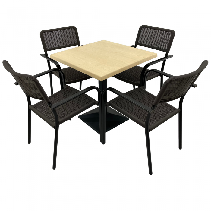 Set 4 scaune CAMPMAN cu brate, maro, masa patrata 80x80cm AGMA HORECA MAPLE cu blat werzalit si baza metalica culoare negru