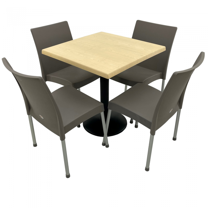 Set mobila terasa, 4 scaune ASOS gri si masa patrata 80x80cm AGMA HORECA MAPLE cu blat werzalit si baza metalica neagra