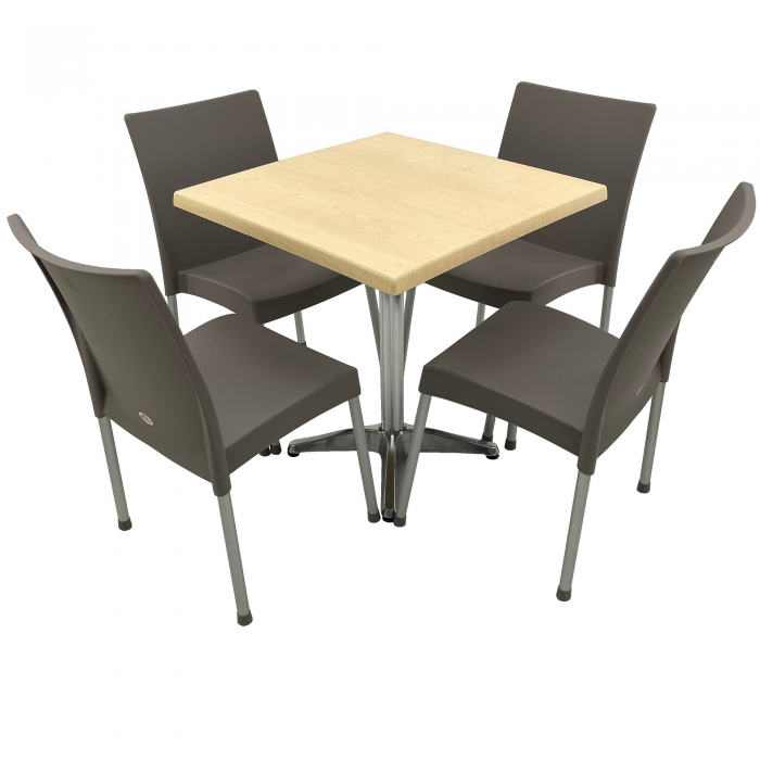 Set mobila terasa, 4 scaune ASOS gri si masa patrata 80x80cm AGMA HORECA MAPLE cu blat werzalit si picior aluminiu
