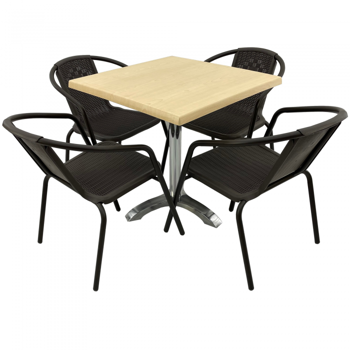 Set 4 scaune CAMPMAN maro cu masa patrata 80x80cm AGMA HORECA MAPLE cu blat werzalit si baza aluminiu