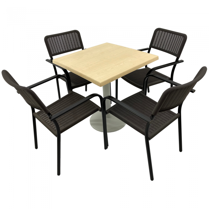 Set 4 scaune CAMPMAN cu brate, maro, masa patrata 80x80cm AGMA HORECA MAPLE cu blat werzalit si baza metalica alba