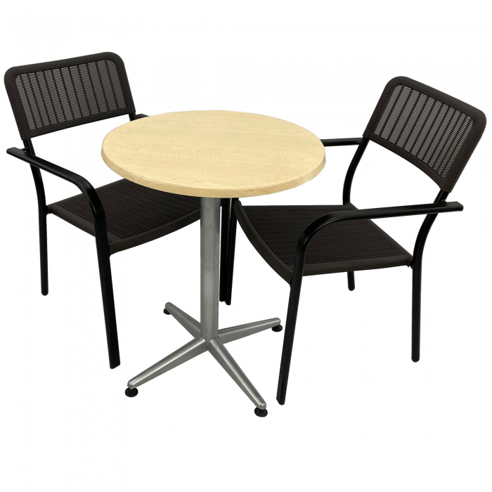 Set 2 scaune CAMPMAN cu brate, maro, masa rotunda D60cm AGMA HORECA MAPLE cu blat werzalit si baza gri clasic