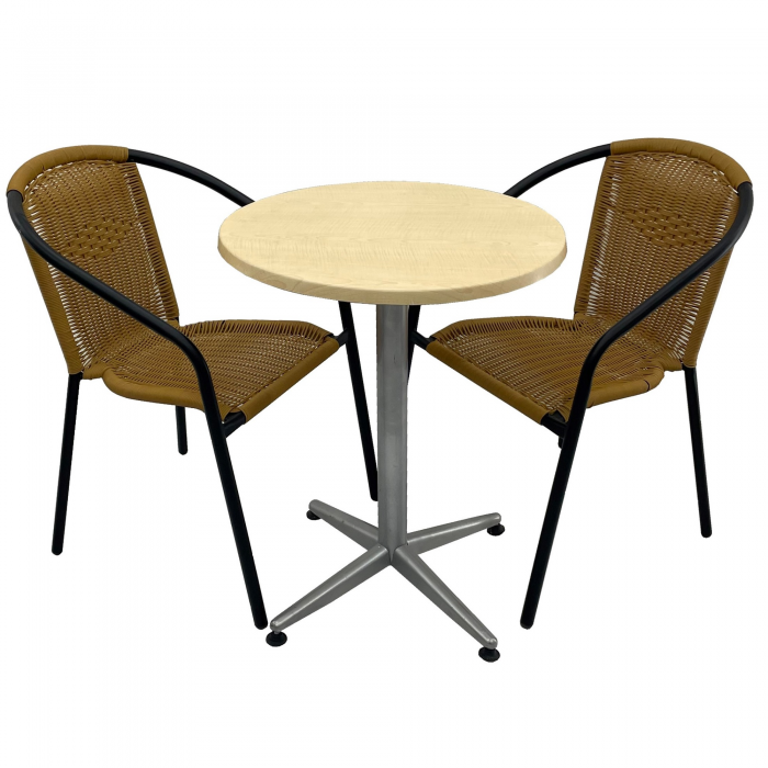Set cafenea, masa rotunda D60cm AGMA HORECA MAPLE cu blat werzalit si baza gri clasic, 2 scaune TORO PVC ratan