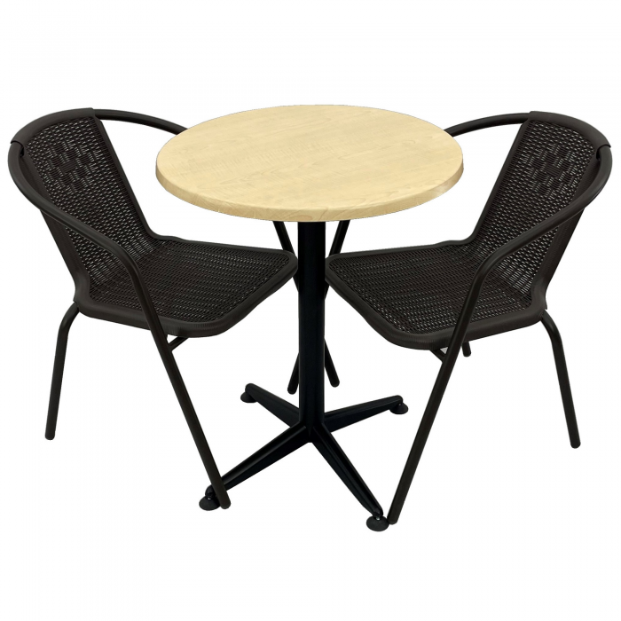 Set 2 scaune CAMPMAN maro cu masa rotunda D60cm AGMA HORECA MAPLE cu blat werzalit si baza culoare negru clasic