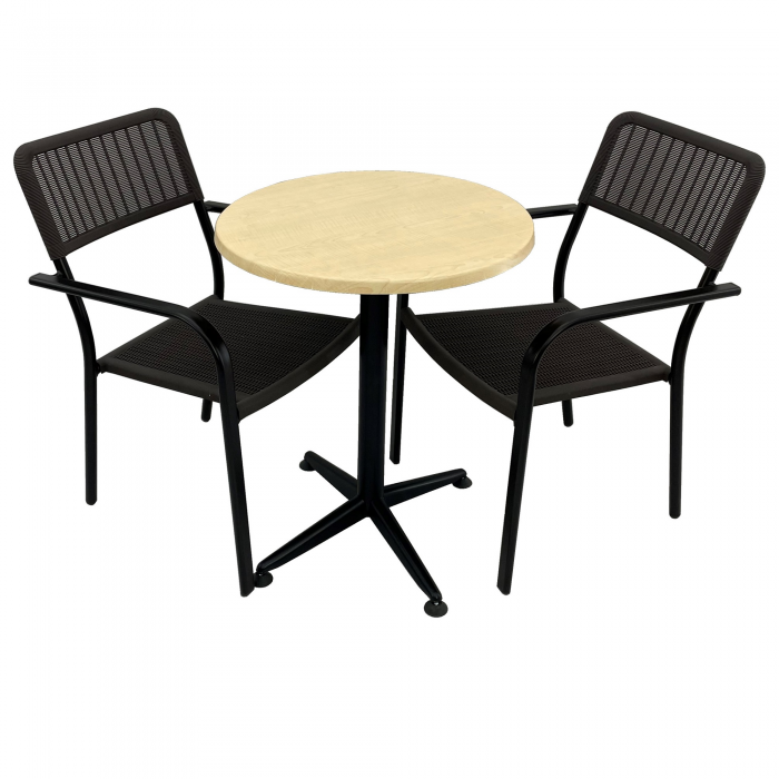 Set 2 scaune CAMPMAN cu brate, maro, masa rotunda D60cm AGMA HORECA MAPLE cu blat werzalit si baza culoare negru clasic
