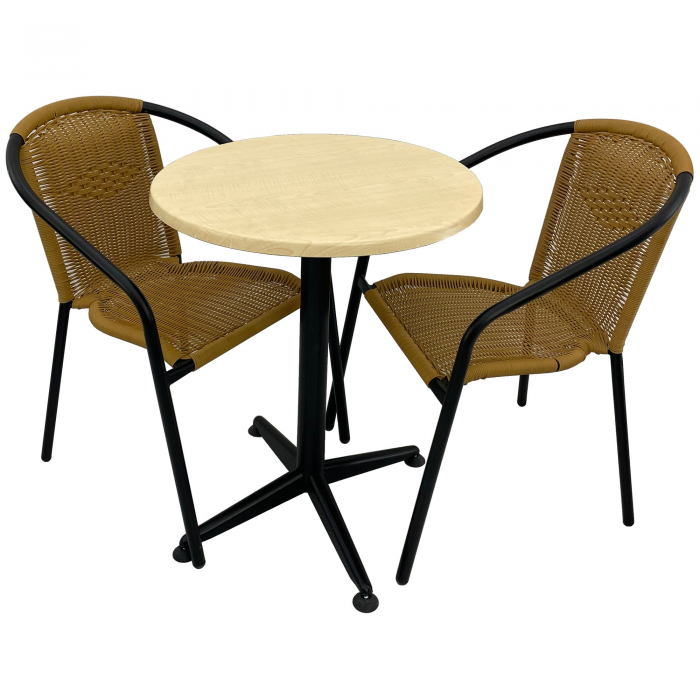 Set cafenea, masa rotunda D60cm AGMA HORECA MAPLE cu blat werzalit si baza culoare negru clasic, 2 scaune TORO PVC ratan