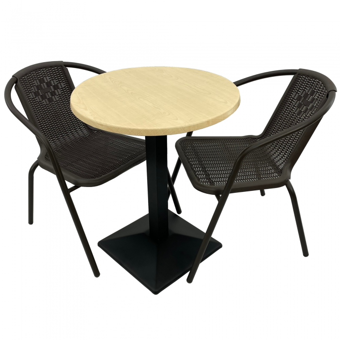 Set 2 scaune CAMPMAN maro cu masa rotunda D60cm AGMA HORECA MAPLE cu blat werzalit si baza metalica culoare negru