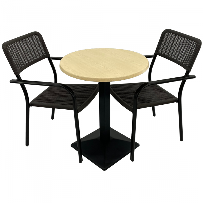 Set 2 scaune CAMPMAN cu brate, maro, masa rotunda D60cm AGMA HORECA MAPLE cu blat werzalit si baza metalica culoare negru