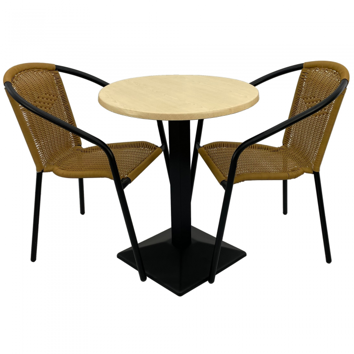 Set cafenea, masa rotunda D60cm AGMA HORECA MAPLE cu blat werzalit si baza metalica culoare negru, 2 scaune TORO PVC ratan