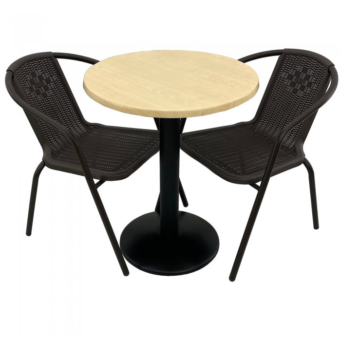 Set 2 scaune CAMPMAN maro cu masa rotunda D60cm AGMA HORECA MAPLE cu blat werzalit si baza metalica neagra