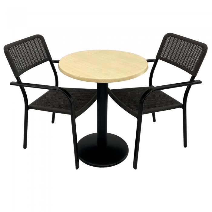 Set 2 scaune CAMPMAN cu brate, maro, masa rotunda D60cm AGMA HORECA MAPLE cu blat werzalit si baza metalica neagra