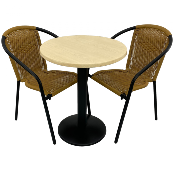Set cafenea, masa rotunda D60cm AGMA HORECA MAPLE cu blat werzalit si baza metalica neagra, 2 scaune TORO PVC ratan