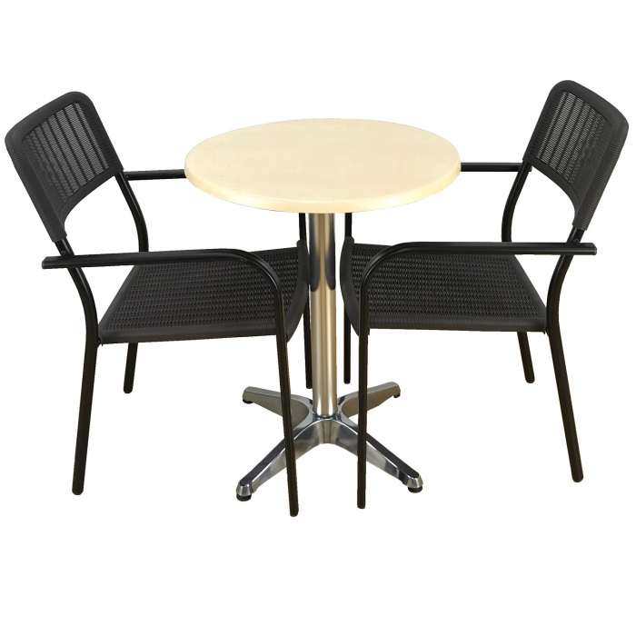 Set 2 scaune CAMPMAN cu brate, maro, masa rotunda D60cm AGMA HORECA MAPLE cu blat werzalit si baza aluminiu