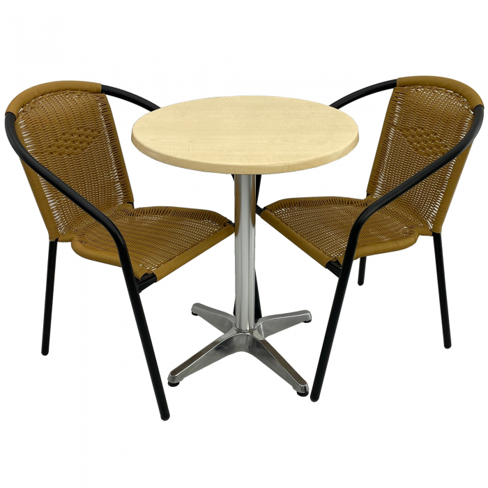 Set cafenea, masa rotunda D60cm AGMA HORECA MAPLE cu blat werzalit si baza aluminiu, 2 scaune TORO PVC ratan